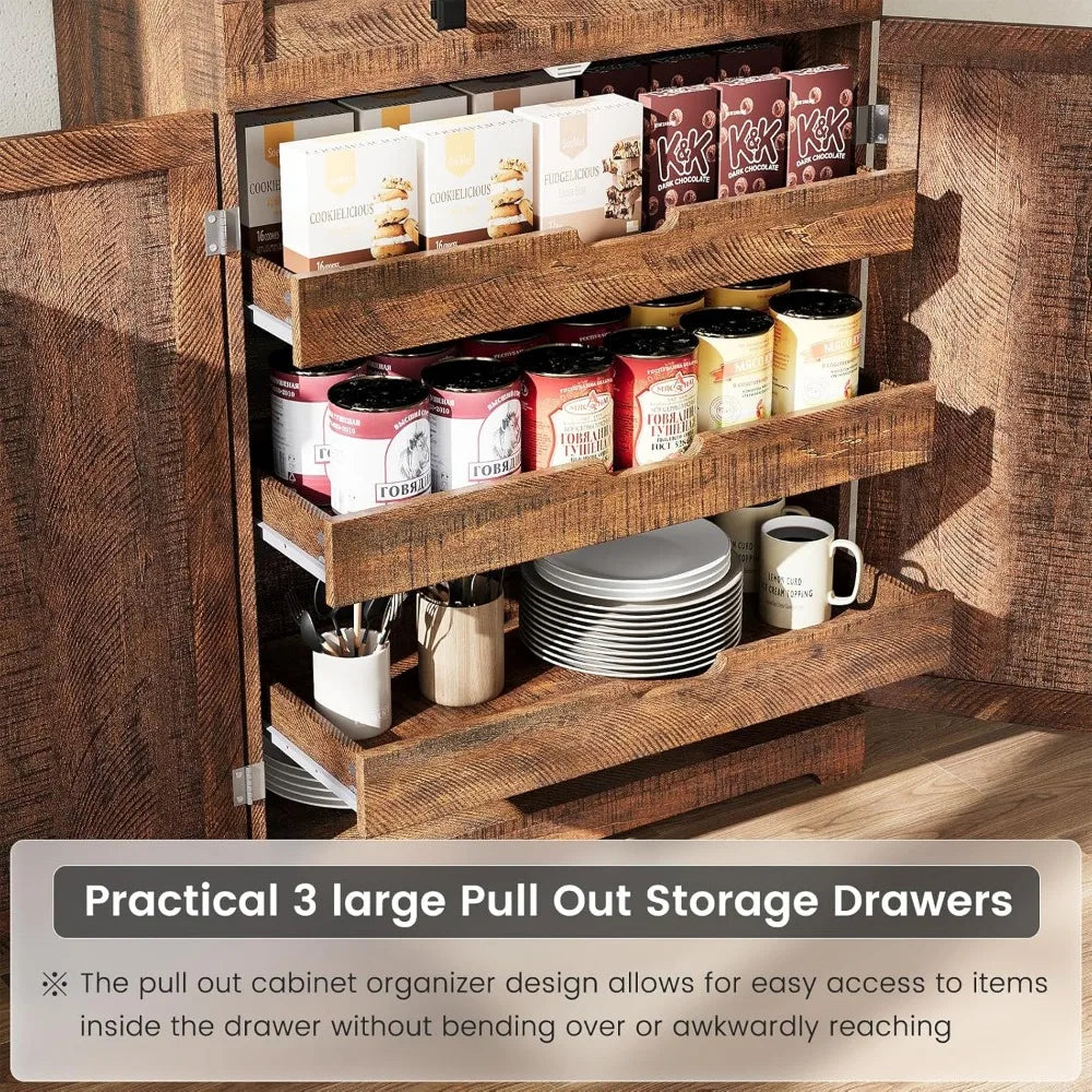 72" Tall Kitchen Pantry Cabinet, Rustic Brown Farmhouse Pantry with Large Food Storage for Kitchen Dining Room Living Roo