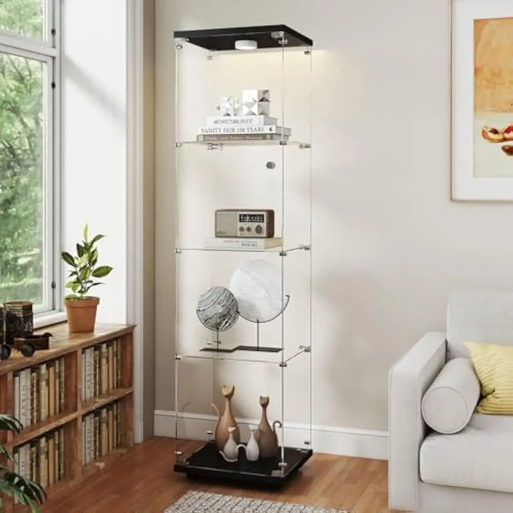 Tempered Glass Display Cabinet w/Lights, 4-Tier Curio Cabinet with Glasss Doors and Lock, Glass Display Case for Collectibles
