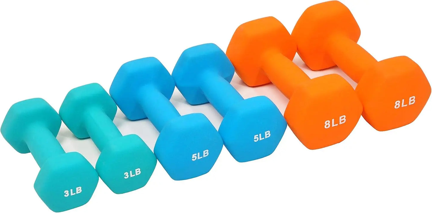 Set of 6 Neoprene Dumbbell Hand Weights with Rack: 3/5/8 Pairs for Home Gym, Fitness Training