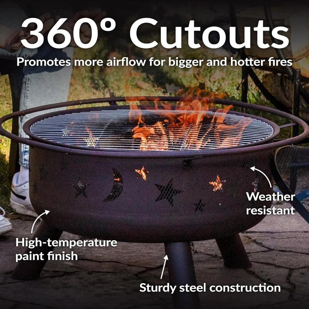 30-Inch Patio Fire Pit for Outside - Outdoor Wood-Burning Fire Pit with Grill Grate, Spark Screen, and Fireplace Poker