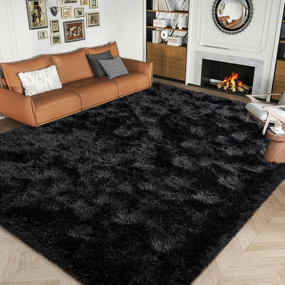 Super Fluffy Area Rugs Black 8x10, Large Modern Shag Dark‌ Black Rugs for Living Room, Big Soft Plush Large Under Bedroom Carpet
