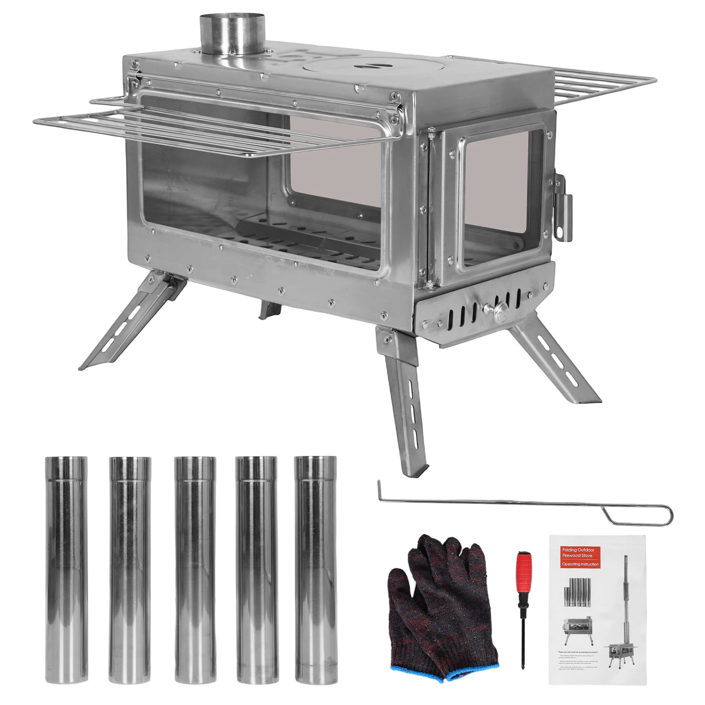 Stainless Steel Smokeless Fireplace Secondary Burning Wood Stove Camping Tent Stove with Chimney Pipes & Gloves with 5 Pipes for