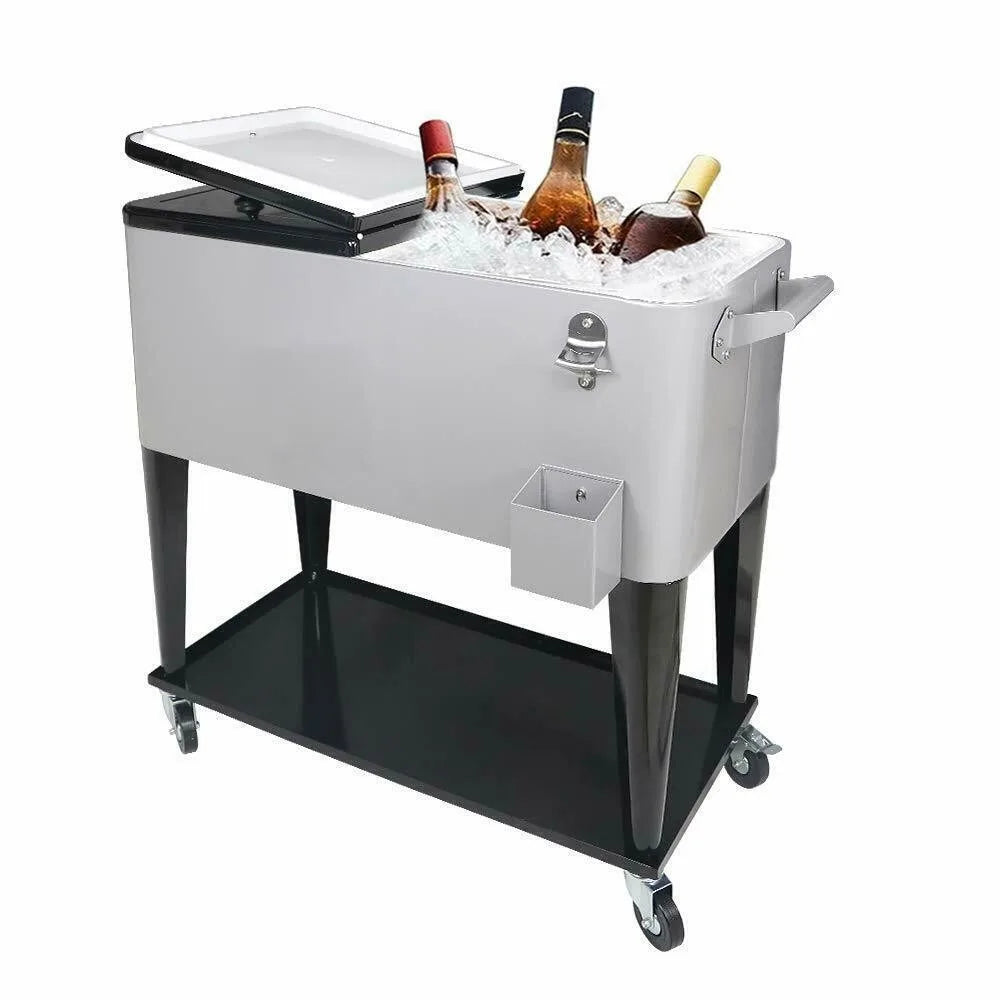 Iron Rolling Warm Cooler Food 80 QT Cart Ice Chest with 4 Wheels and Shelf