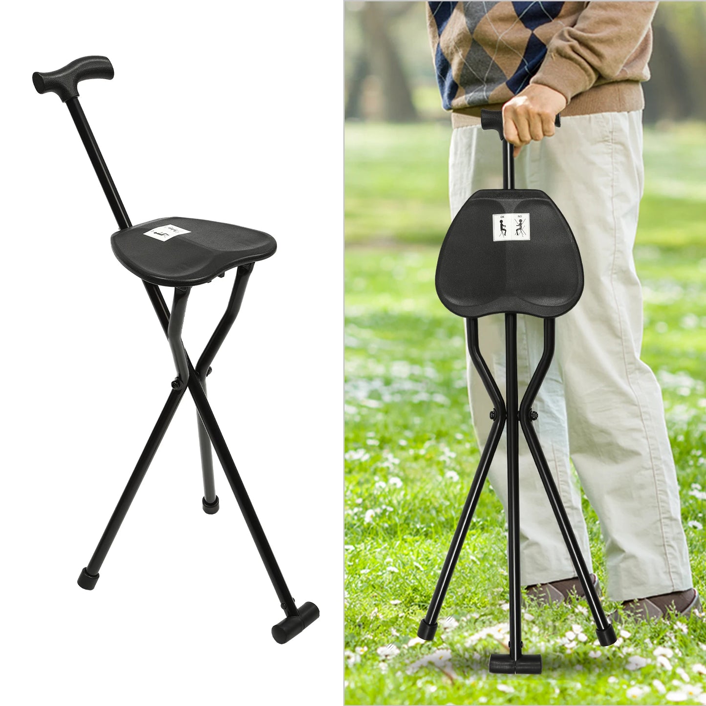Foldable Cane with Seat Aluminum Alloy 249.12lbs Load-bearing Ergonomic Handle Anti-slip Feet for Elderly Outdoor Travel Waiting
