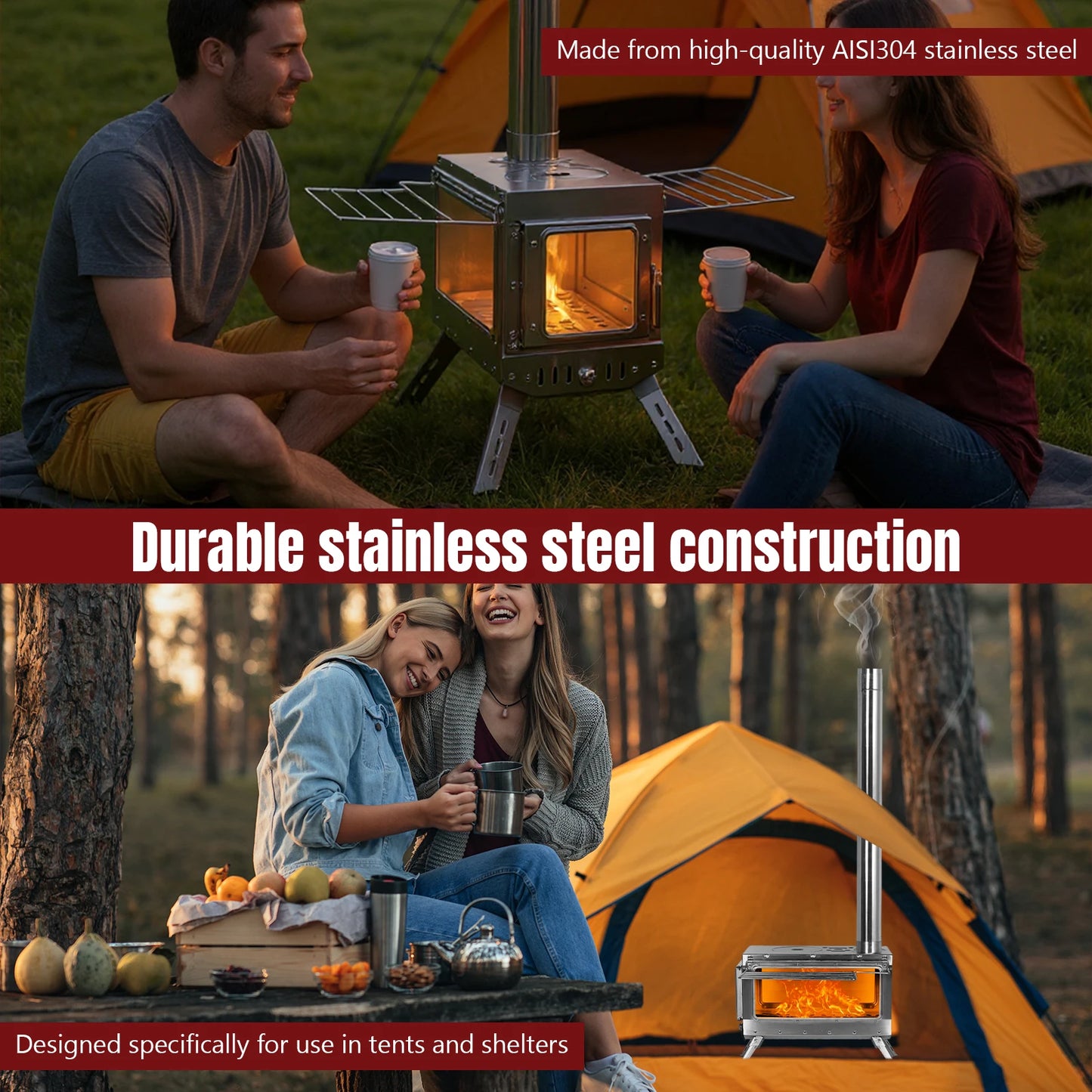 Stainless Steel Smokeless Fireplace Secondary Burning Wood Stove Camping Tent Stove with Chimney Pipes & Gloves with 5 Pipes for