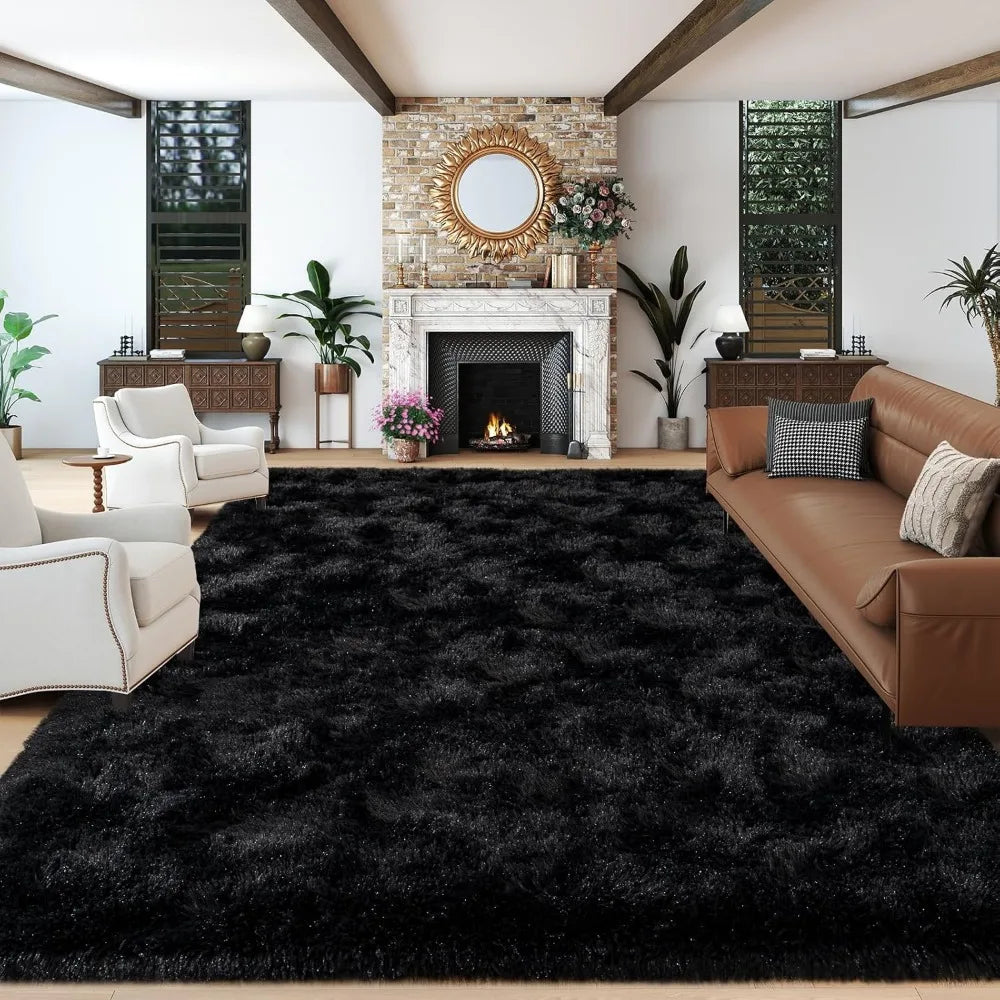 Super Fluffy Area Rugs Black 8x10, Large Modern Shag Dark‌ Black Rugs for Living Room, Big Soft Plush Large Under Bedroom Carpet
