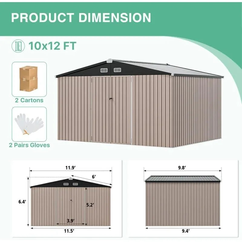 10X12 FT Outdoor Storage Shed, Durable Metal Outside Storage for Garden, Patio and Backyard, Waterproof Shelter for Tools