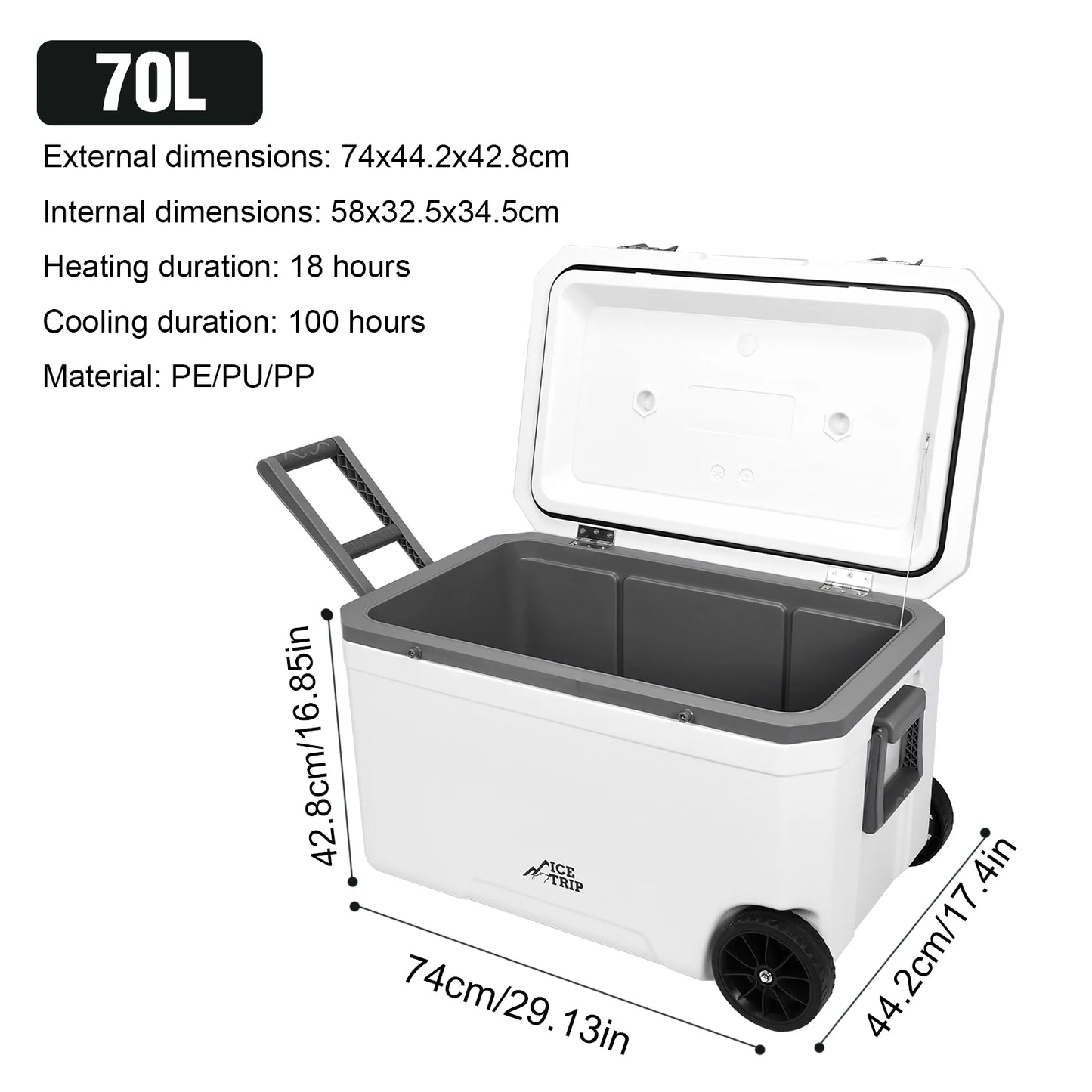 70L Wheeled Cooler Insulated Ice Chest Box with Cup Holder Camping Cooler 30% Lighter Than Romolded Colers for Drink Beverage