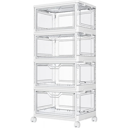 Modular Mobile Storage System: 4-Layer Clear Bin with Wheels & Magnetic Closure - Customizable Organizer for Any Room