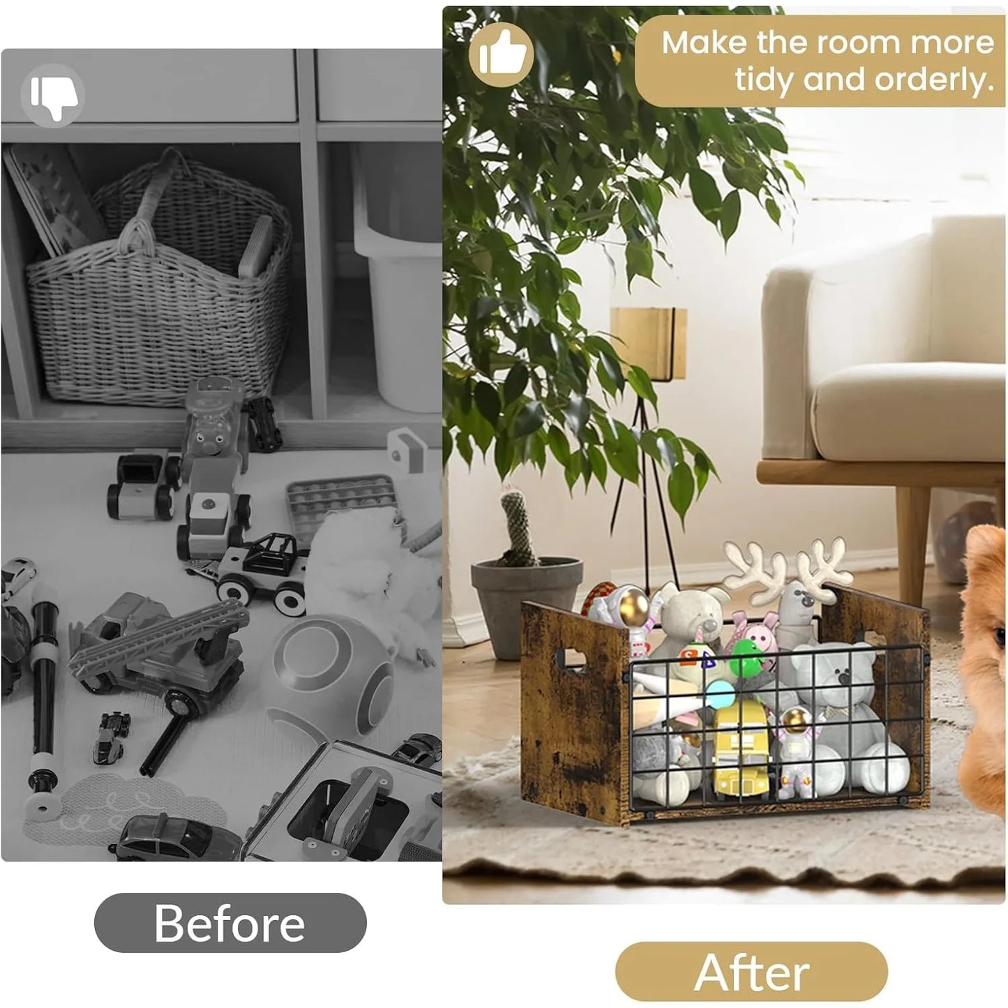 Metal Dog Toy Basket Organizer | Wooden Pet Storage Box for Puppy/Small Dogs | Multi-Purpose Chest for Leash,Blanket,Dog Food