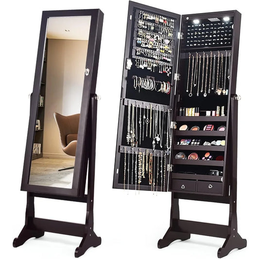 Standing Mirror Jewelry Cabinet, Large Storage Jewelry Organizer w/Full Length Mirror, 4 Adjustable Angles & 2 LED Light