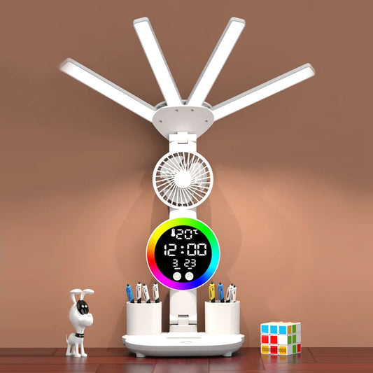 Eye-care Table Lamp Digital Clock LED Light USB 3 Color Desk Lamp Touch Control Foldable With Fan Reading Night Light
