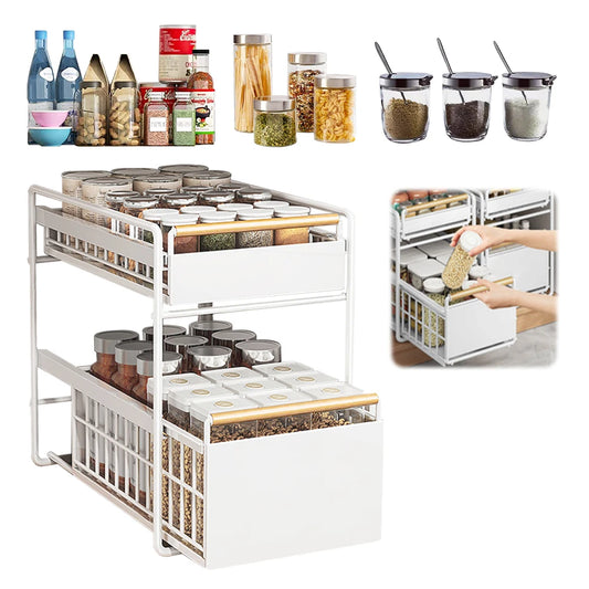 2-Tier Kitchen Cabinet Pull-Out Storage Rack Slide-out Storage Basket Under The Sink Spice Rack Household Items Storage Box