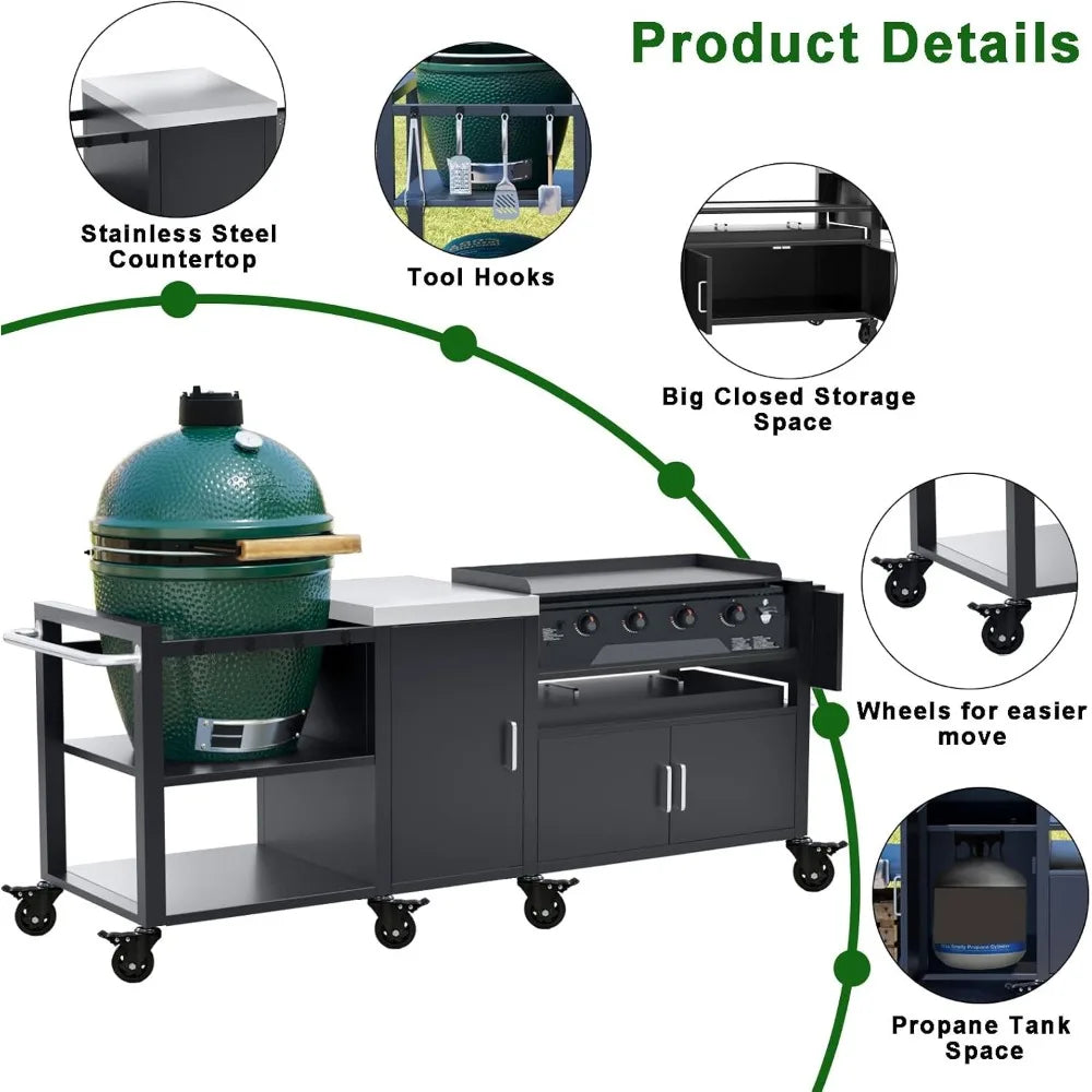 outdoor grill cart for big green egg& blackstone griddle, metal grill table compatible with large big green egg and 28"/36" bla