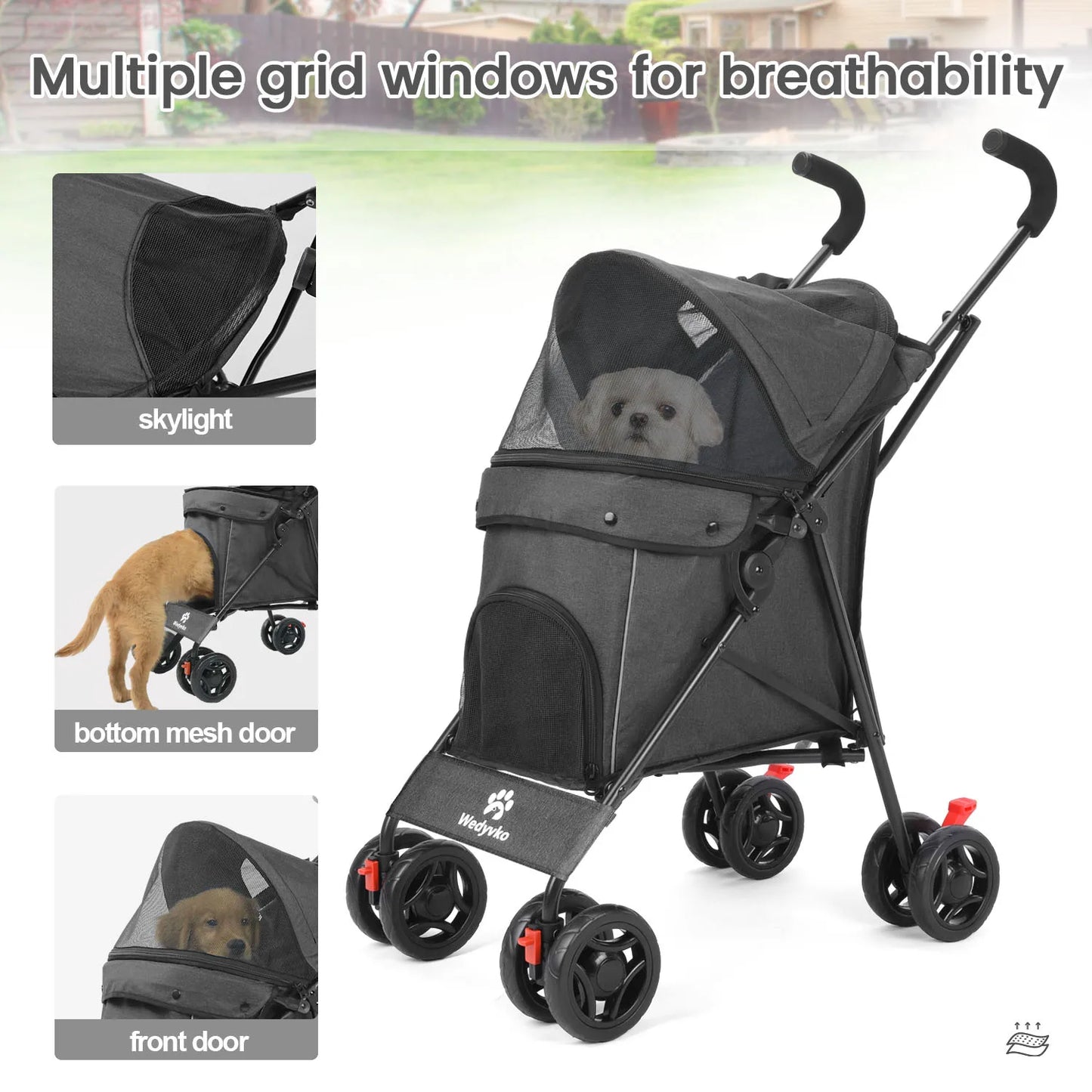Wedyvko Pet Dog Stroller 4 Wheels Puppy Stroller Rotate with Brakes Storage for Dogs Cats Travel Pet Suplies Outdoor 애완견 유모차