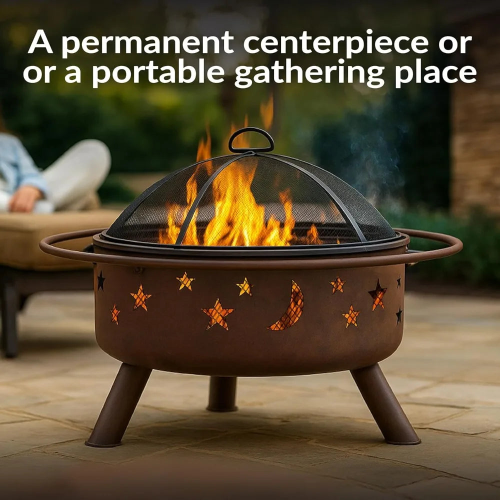 30-Inch Patio Fire Pit for Outside - Outdoor Wood-Burning Fire Pit with Grill Grate, Spark Screen, and Fireplace Poker
