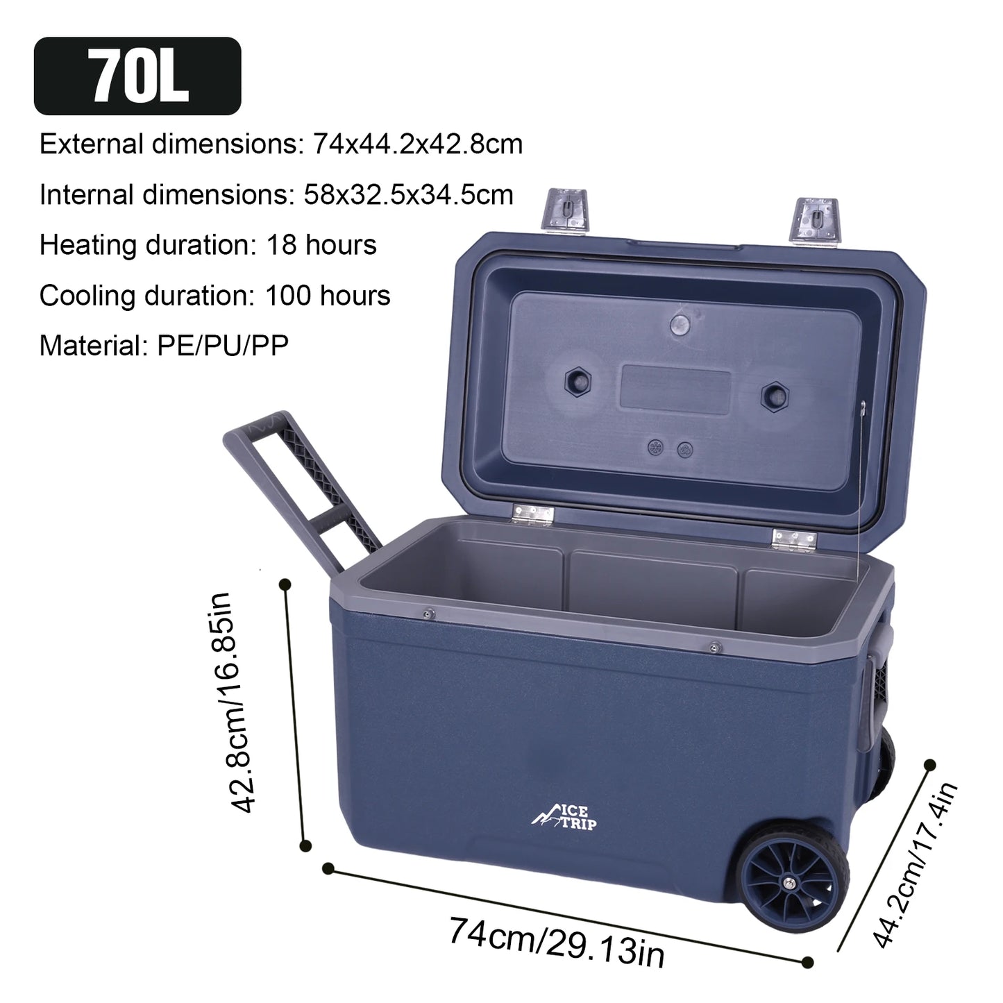 70L Wheeled Cooler Insulated Ice Chest Box with Cup Holder Camping Cooler 30% Lighter Than Romolded Colers for Drink Beverage