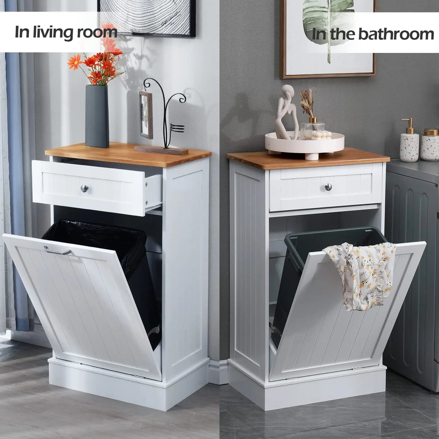 Single Trash Cabinet Tilt Out Freestanding, Pet Proof Kitchen Trash Cabinet Laundry Hamper with Cutting Board, Hideaway Trash