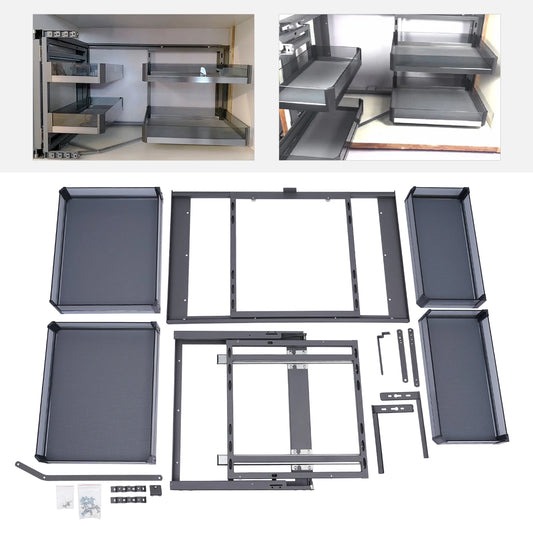 Blind Pull-out Corner Cabinet Large Capacity Locker Removable Kitchen Items Organizer with 2 Tiers Swing Tray