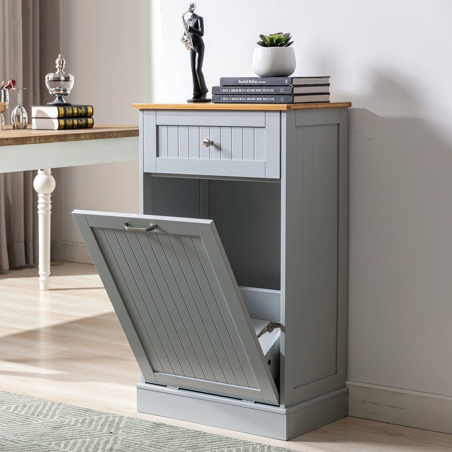 Single Trash Cabinet Tilt Out Freestanding, Pet Proof Kitchen Trash Cabinet Laundry Hamper with Cutting Board, Hideaway Trash