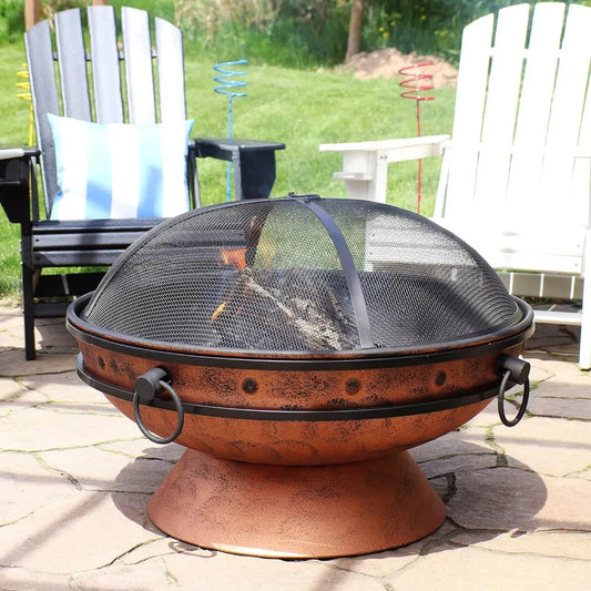 30-Inch Large Outdoor Fire Pit - Wood Burning Fire Pit for Outside with Poker and Screen - Copper Finish - Royal Cauld
