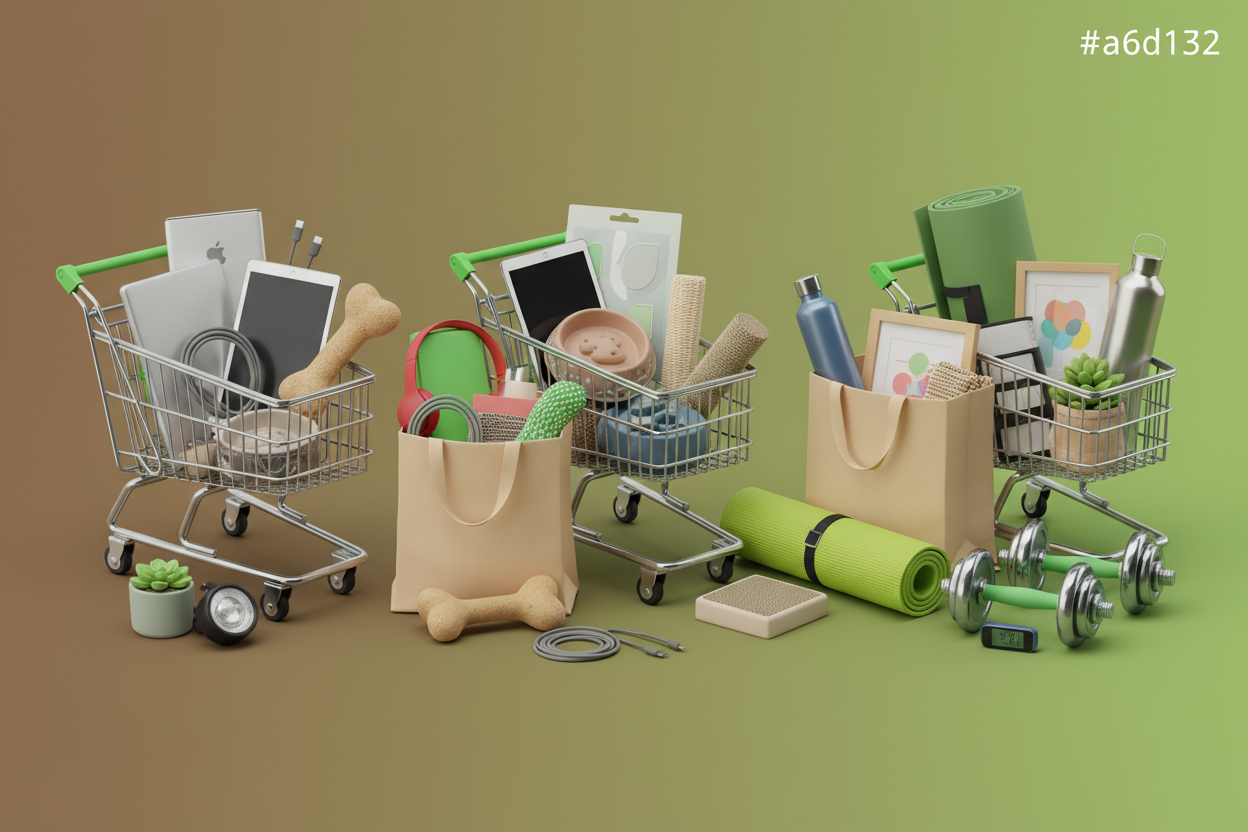 Make me a background for an online variety store that sells Electronics
Pet Supplies
Outdoor Goods
Home Decor
Health and Fitness. Include shopping bags or shopping carts fulls of these kids of items. Include the colors #5e4322 and #a6d177